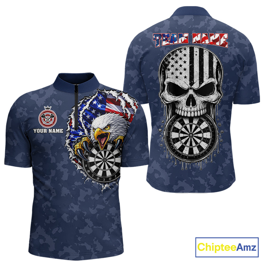 Patriotic USA Flag Skull Eagle Men's Quarter-Zip Darts Jersey Mockup, Blue Personalized League Shirt