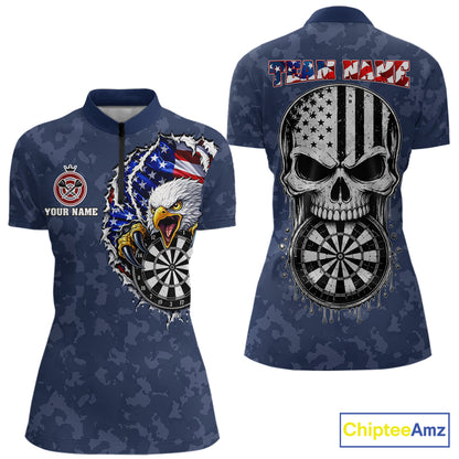 Patriotic USA Flag Skull Eagle Women's Quarter-Zip Darts Shirt Mockup, Blue Custom Dart Tournament Jersey