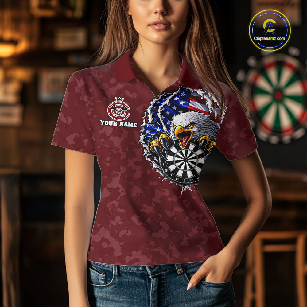Female model wearing Patriotic Skull Eagle Red Women's Darts Polo, Personalized USA League Apparel