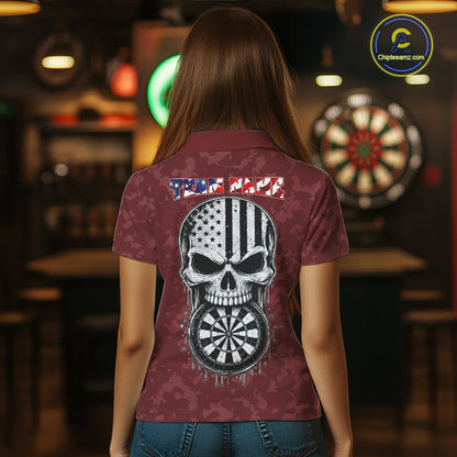 Female model wearing Patriotic Skull Eagle Red Women's Darts Polo, Personalized USA League Apparel