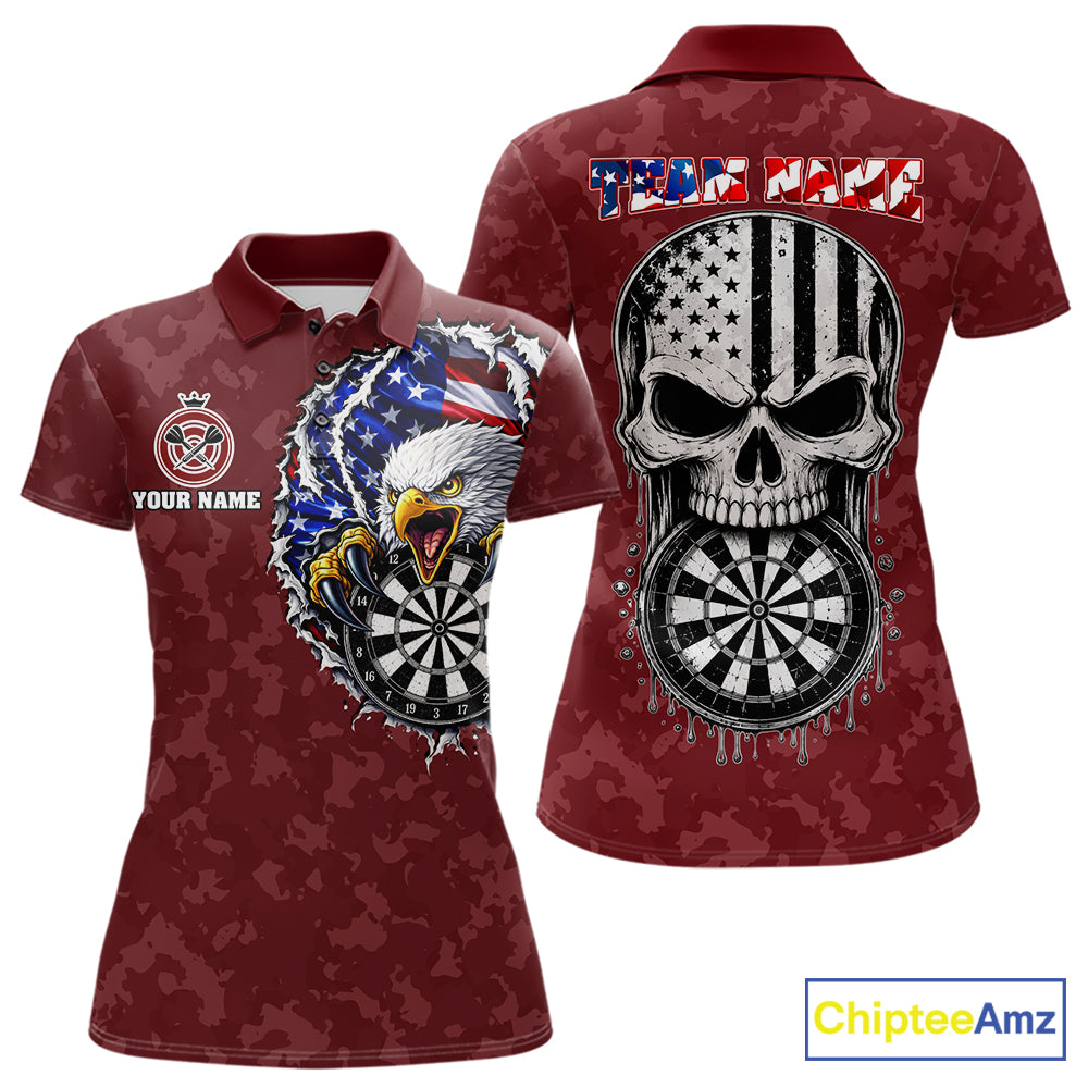 Patriotic American Flag Skull Eagle Camo Women's Darts Polo Shirt Mockup, Red Custom USA Dart Team Jersey, Personalized Tournament Apparel