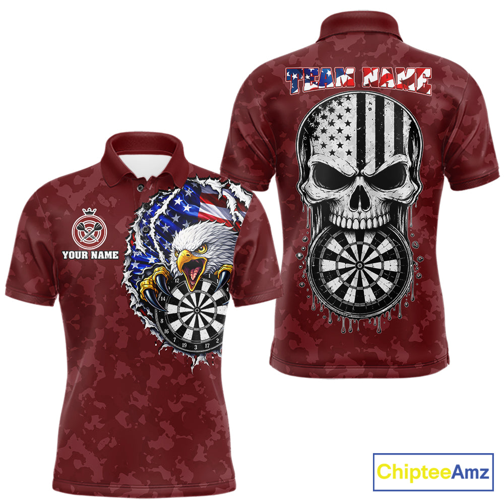 Patriotic USA Flag Skull Eagle Men's Polo Darts Jersey Mockup, Red Personalized League Shirt