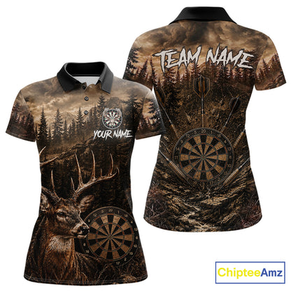 Funny Deer Women's Darts Polo Shirt Mockup, Brown Grunge Forest Dart Tournament Jersey, Personalized Hunting Dart Team Apparel