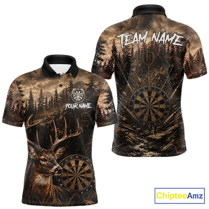 Funny Deer Men's Darts Polo Shirt Mockup, Brown Forest Dart League Jersey, Personalized Tournament Uniform