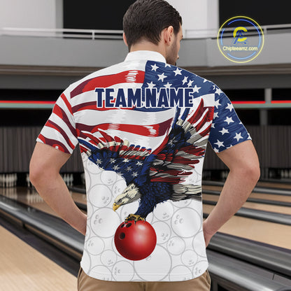 Red, White And Blue American Flag Eagle Bowling Shirts For Men Custom Patriot Bowling Team Jersey NYN4026