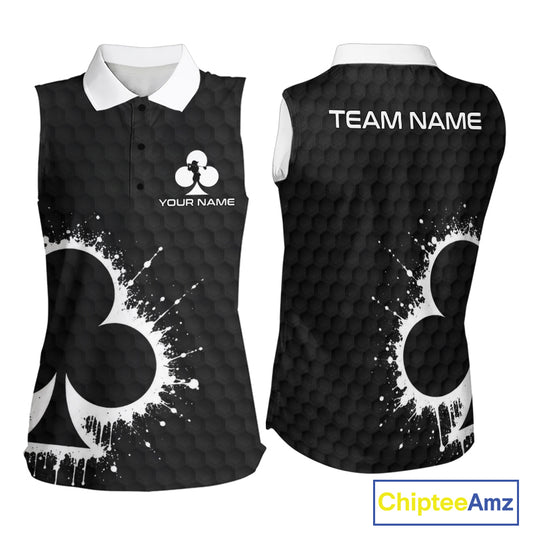 Black Clubs Poker Womens Golf Sleeveless Polo Shirt Custom Name Splatter Poker Golf Top For Team, Golf Gift NYN4037