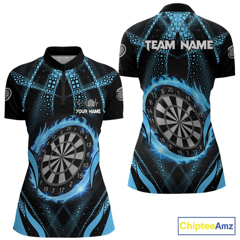 Custom Flaming Dragon Blue Digital Flow Women Darts Quarter-Zip Team Shirt Dart League Jerseys NYN2177