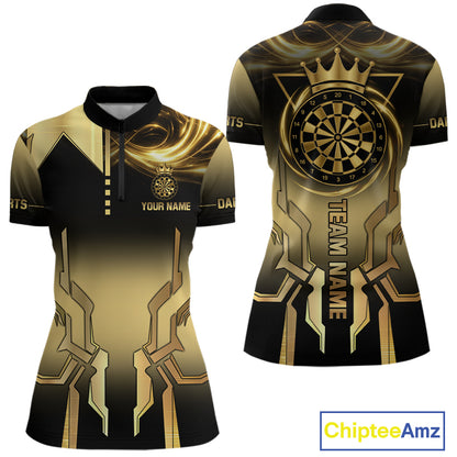Black And Gold Crown Dartboard Women Darts Polo & 1/4-Zip Shirt Custom Light Gold Dart Team Jersey NYN3032