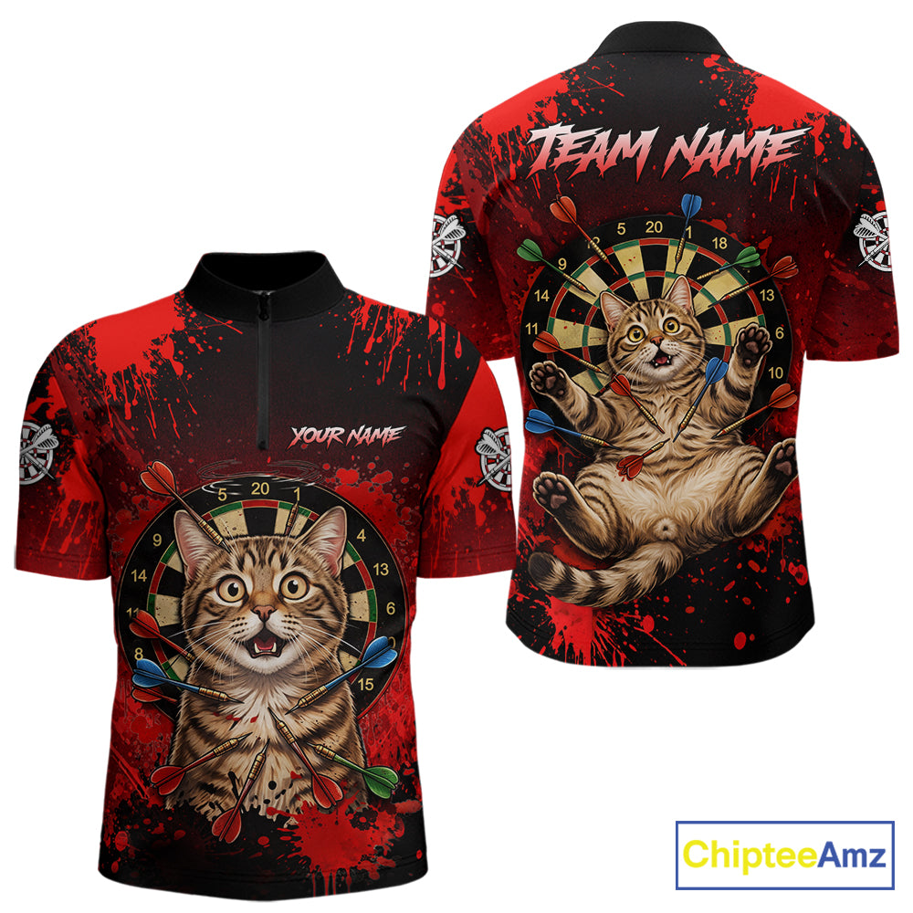 Black And Red Splatter Paint Dartboard Custom Funny Cat Darts Shirt For Men Outfits Darts Jersey NYN3038