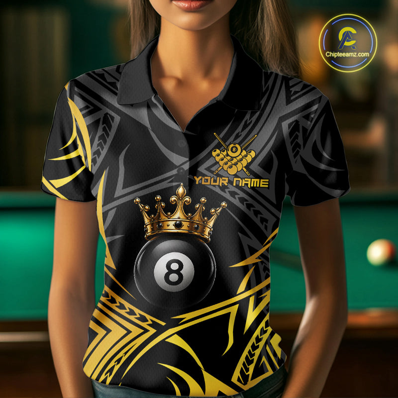 Female model wearing Gold Tribal Crown billiard polo with elegant crown artwork, personalized 8 Ball pool jersey, premium tournament apparel, luxury cue sports clothing inspired by royalty, confidence and leadership