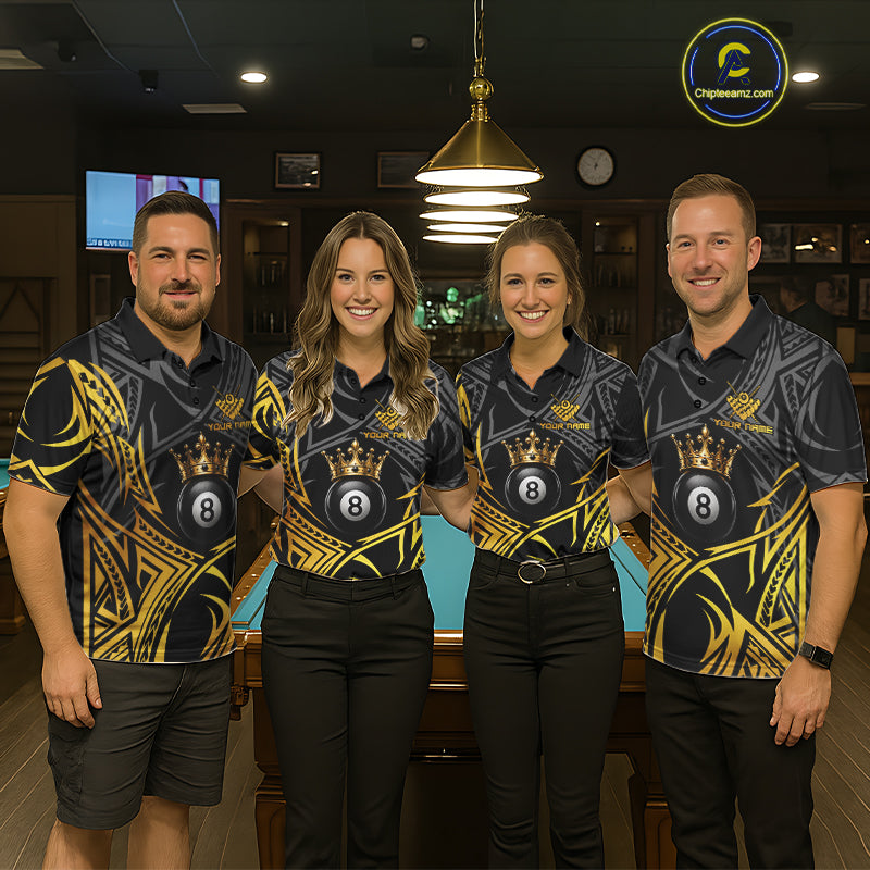 Matching Gold Tribal Crown billiard jerseys for men and women featuring luxury tribal artwork, personalized APA league uniforms, championship cue sports apparel symbolizing royalty, success, leadership, excellence and confidence, appealing to tattoo lovers, luxury fashion enthusiasts, fantasy art collectors and competitive pool players