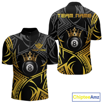 Gold Tribal Crown men's quarter-zip billiard jersey featuring elegant tribal crown graphics, custom pool tournament uniform, personalized APA league shirt, premium cue sports athletic apparel