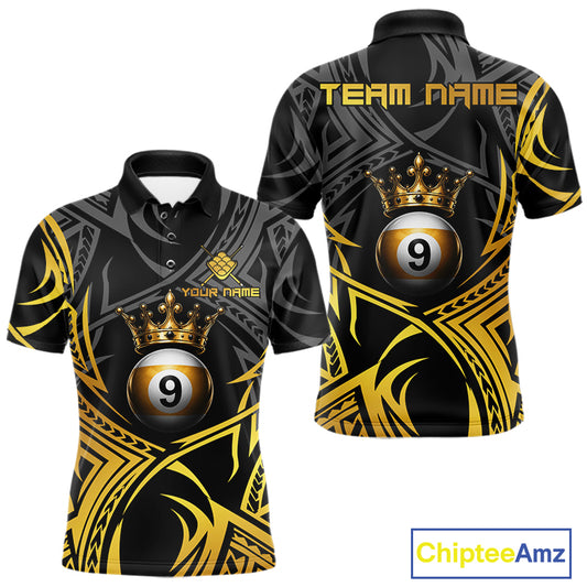 Gold Tribal Crown men's 9 Ball billiard polo featuring elegant crown graphics, tribal patterns, personalized pool league jersey, championship cue sports apparel, premium athletic performance uniform