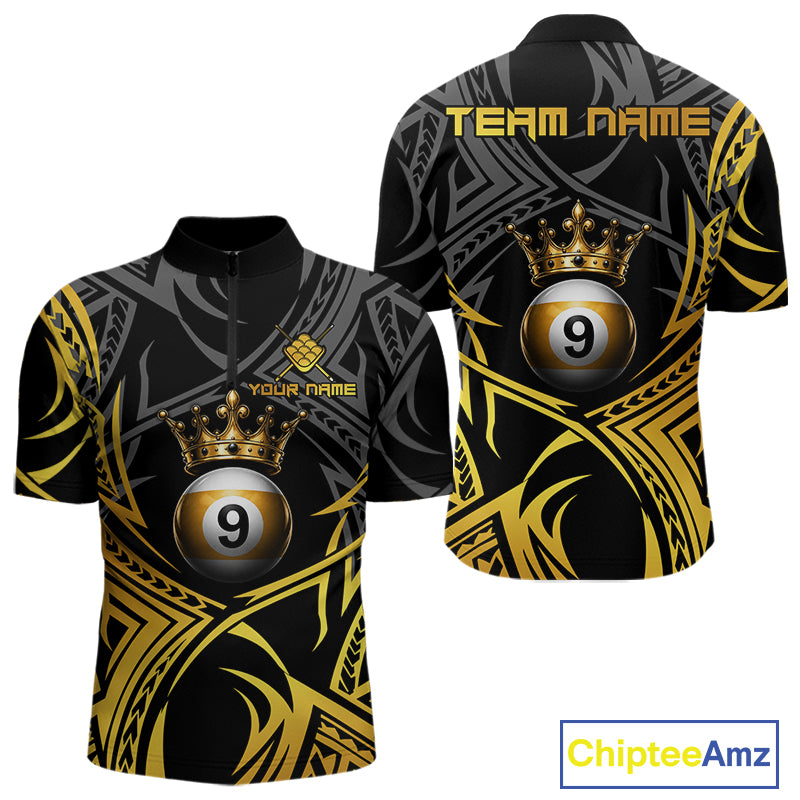 Gold Tribal Crown men's quarter-zip 9 Ball billiard jersey featuring tribal crown artwork, custom pool tournament apparel, personalized cue sports performance jersey, premium athletic clothing