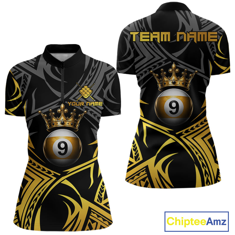 Gold Tribal Crown women's quarter-zip 9 Ball billiard jersey featuring luxury crown graphics, personalized cue sports tournament apparel, APA league performance shirt, custom championship uniform