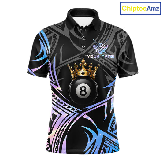 Holographic Tribal Crown men's 8 Ball billiard polo featuring holographic tribal artwork, personalized cue sports tournament jersey, championship pool league apparel, custom athletic performance shirt