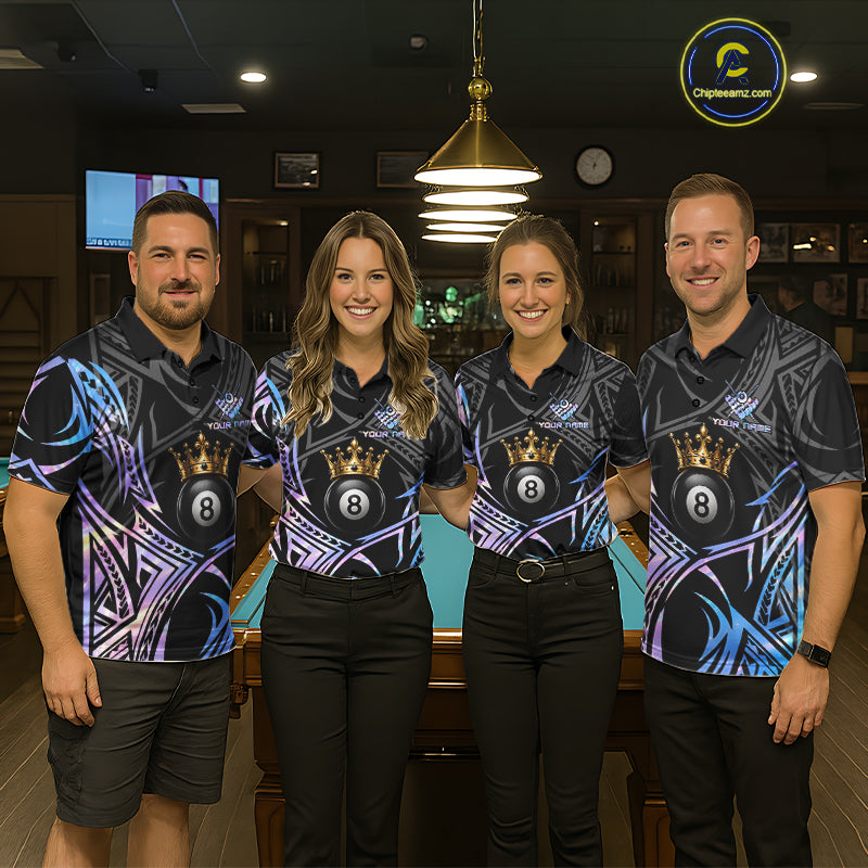 Matching Holographic Tribal Crown billiard jerseys for men and women featuring futuristic holographic tribal artwork and royal crown symbolism representing innovation, prestige, confidence and championship success, appealing to gamers, esports fans, fantasy collectors, tattoo enthusiasts, streetwear communities and professional cue sports teams