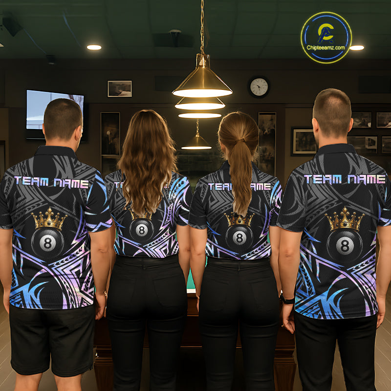 Matching Holographic Tribal Crown billiard jerseys for men and women featuring futuristic holographic tribal artwork and royal crown symbolism representing innovation, prestige, confidence and championship success, appealing to gamers, esports fans, fantasy collectors, tattoo enthusiasts, streetwear communities and professional cue sports teams