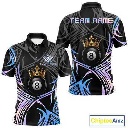Holographic Tribal Crown men's 8 Ball billiard polo featuring holographic tribal artwork, personalized cue sports tournament jersey, championship pool league apparel, custom athletic performance shirt