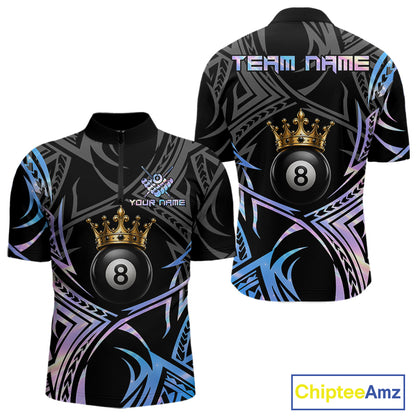 Holographic Tribal Crown men's quarter-zip billiard jersey featuring iridescent tribal crown graphics, personalized pool championship apparel, custom cue sports athletic uniform
