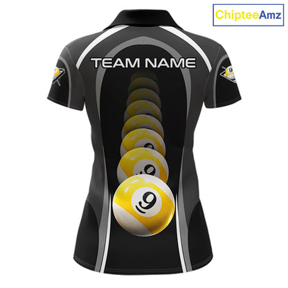 Black Blur 9 Ball Pool Polo & 1/4-Zip Team Shirt For Women Personalized Billiards Ball Apparel NYN2454