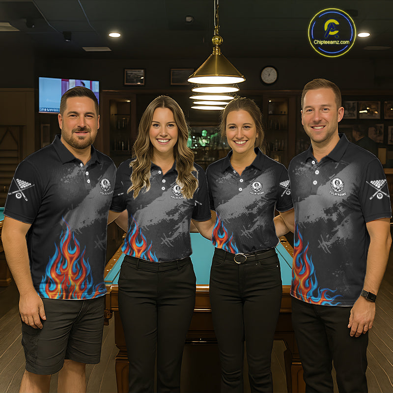 Blue And Red Flames 8 Ball Pool Men Polo & 1/4-Zip Team Shirts Custom Billiards Ball Apparel NYN2460