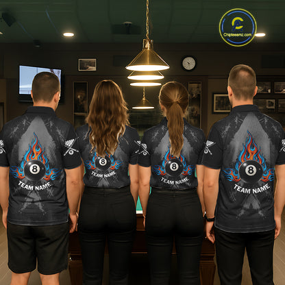 Blue And Red Flames 8 Ball Pool Men Polo & 1/4-Zip Team Shirts Custom Billiards Ball Apparel NYN2460