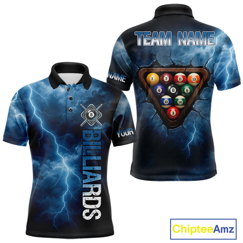 Thunder Lightning Blue Billiard Shirts For Men Custom Cracked 8 Ball Pool Billiard Team Jerseys NYN3044