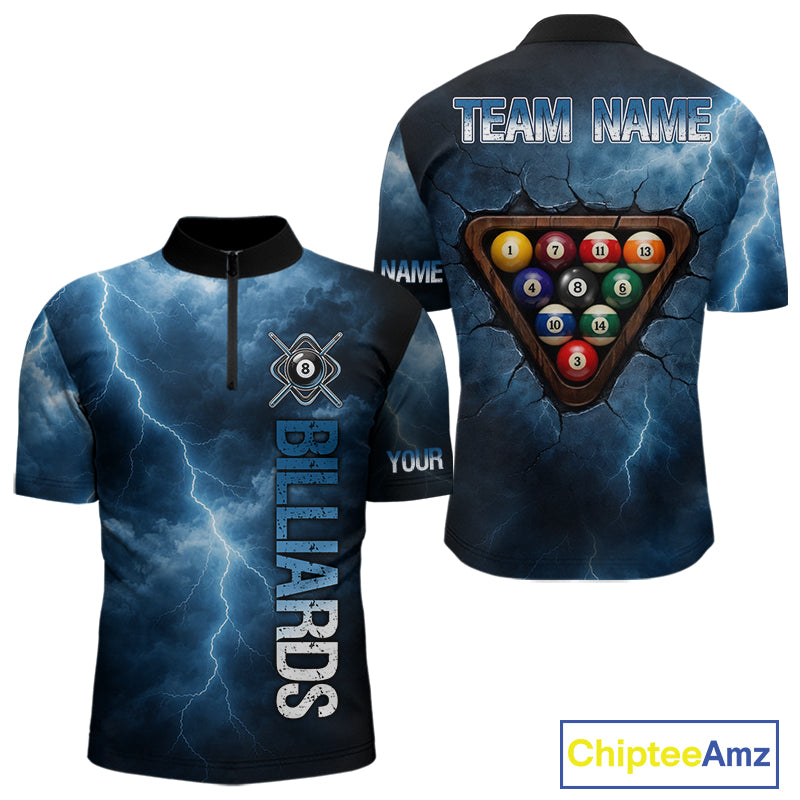 Thunder Lightning Blue Billiard Shirts For Men Custom Cracked 8 Ball Pool Billiard Team Jerseys NYN3044