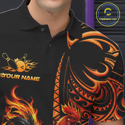 Personalized Flame Rooster Funny Bowling Shirts For Men, Orange Tribal Bowling Shirts Team Uniform NYN4076