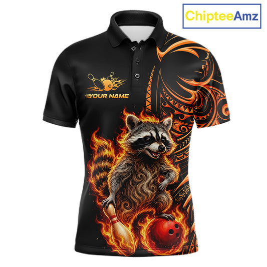 Personalized Flame Raccoon Funny Bowling Shirts For Men, Orange Tribal Bowling Shirts Team Uniform NYN4077