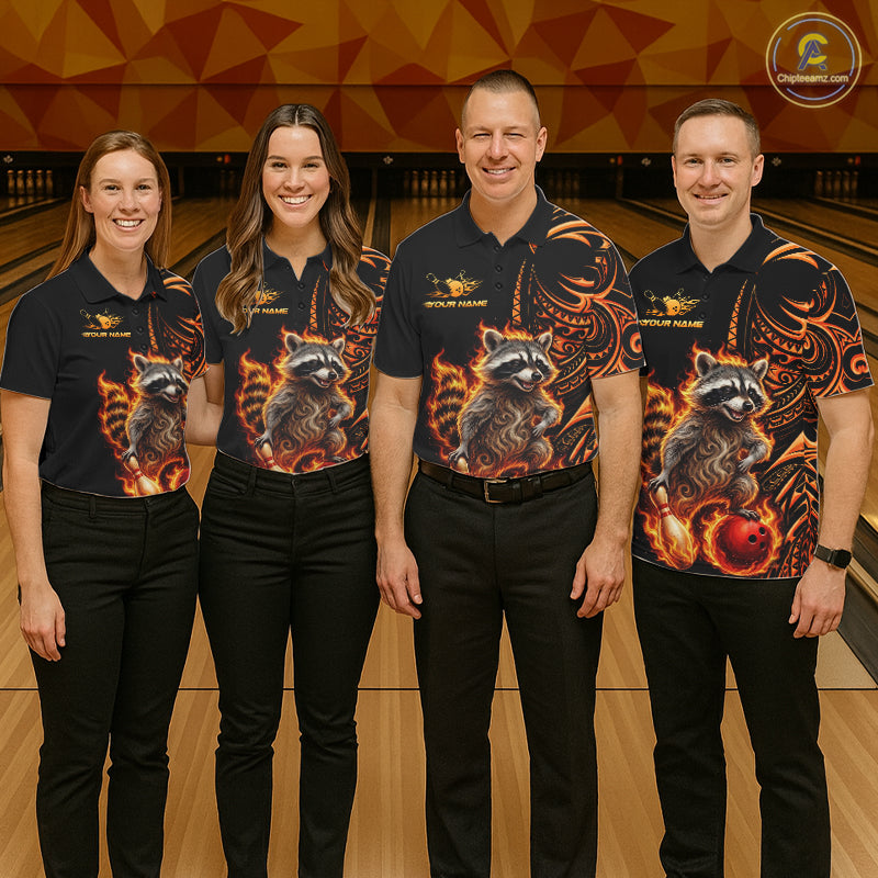 Personalized Flame Raccoon Funny Bowling Shirts For Women, Orange Tribal Bowling Shirts Team Uniform NYN4077