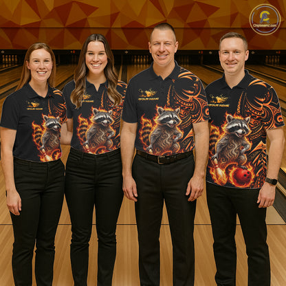 Personalized Flame Raccoon Funny Bowling Shirts For Women, Orange Tribal Bowling Shirts Team Uniform NYN4077