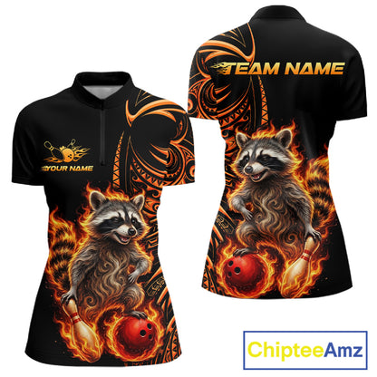 Personalized Flame Raccoon Funny Bowling Shirts For Women, Orange Tribal Bowling Shirts Team Uniform NYN4077
