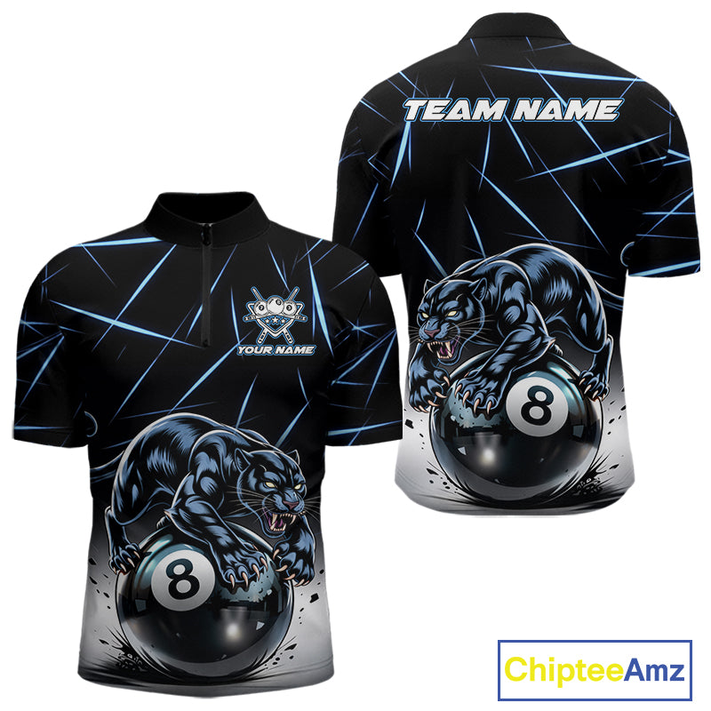 Blue Funny Panther 8 Ball Pool Polo & 1/4-Zip Team Shirt For Men Custom 3D Billiards Ball Apparel NYN2462
