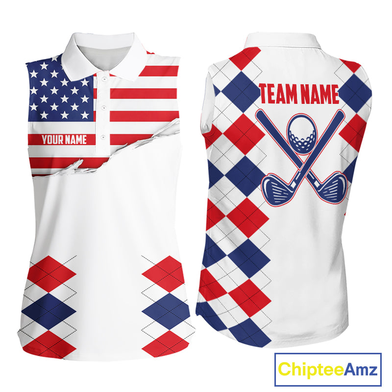 Womens US Flag Golf Shirts Patriotic Golf Jersey Custom Red And Blue Golf Sleeveless Polo Golf Gifts NYN3054
