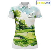 Load image into Gallery viewer, Women's green watercolor golf course polo shirt mockup personalized golf apparel