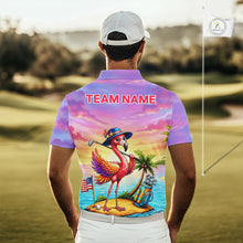 Load image into Gallery viewer, Man wearing flamingo island golf polo shirt on golf course