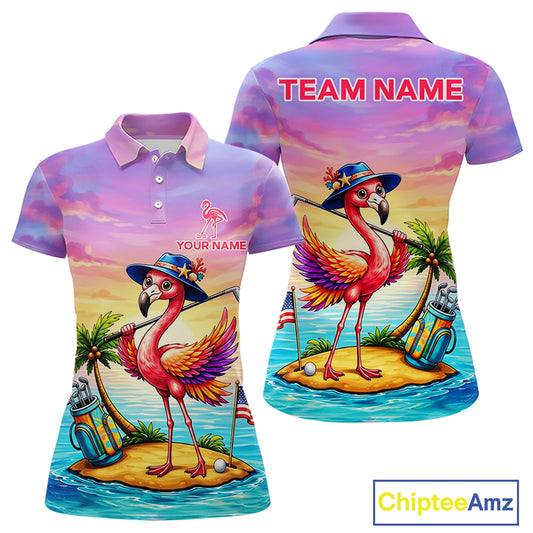 Women's flamingo island golf ball polo shirt mockup tropical golf attire
