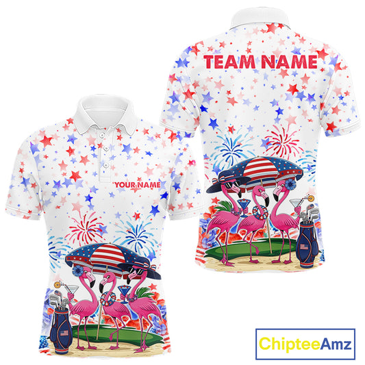 Men's golf polo mockup featuring American Flag with pink flamingo graphics, personalized golf shirt for patriotic golf tournaments, golf teams and country club championships. Appeals to American pride, beach lifestyle and tropical fashion lovers.