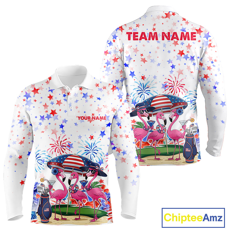Men's golf polo mockup featuring American Flag with pink flamingo graphics, personalized golf shirt for patriotic golf tournaments, golf teams and country club championships. Appeals to American pride, beach lifestyle and tropical fashion lovers.