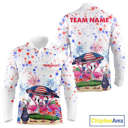 Men's golf polo mockup featuring American Flag with pink flamingo graphics, personalized golf shirt for patriotic golf tournaments, golf teams and country club championships. Appeals to American pride, beach lifestyle and tropical fashion lovers.