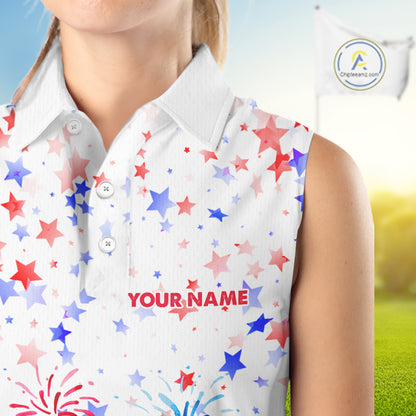American Flag Womens Golf Sleeveless Polo Shirts Custom Patriotic Pink Flamingo White Golf Tournament Shirts NYN3768