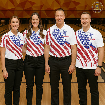 Bowling team wearing matching Grunge American Flag Eagle jerseys for league tournament, patriotic sports event, corporate team building, military appreciation, American heritage celebration, bowling championship apparel.