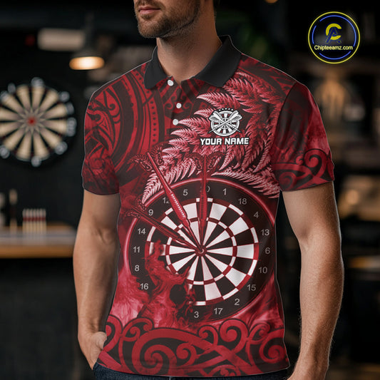 Personalized Fern Leaves Red Fire Tribal Dart Polo Shirts For Men Dart Team Jerseys NYN2192
