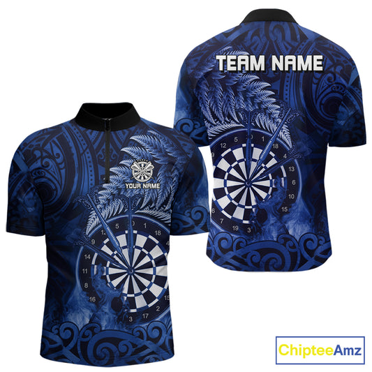 Personalized Fern Leaves Blue Fire Tribal Dart Quarter-Zip Shirts For Men Dart Team Jerseys NYN2193