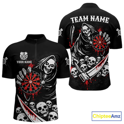 Red Dripping Grim Reaper Dartboard Skull Dart 1/4-Zip Shirts For Men Custom Name For Dart Players NYN2684