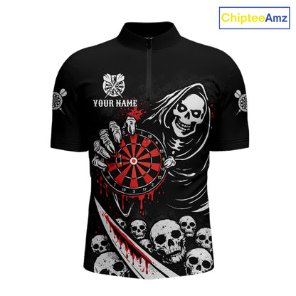 Red Dripping Grim Reaper Dartboard Skull Dart 1/4-Zip Shirts For Men Custom Name For Dart Players NYN2684