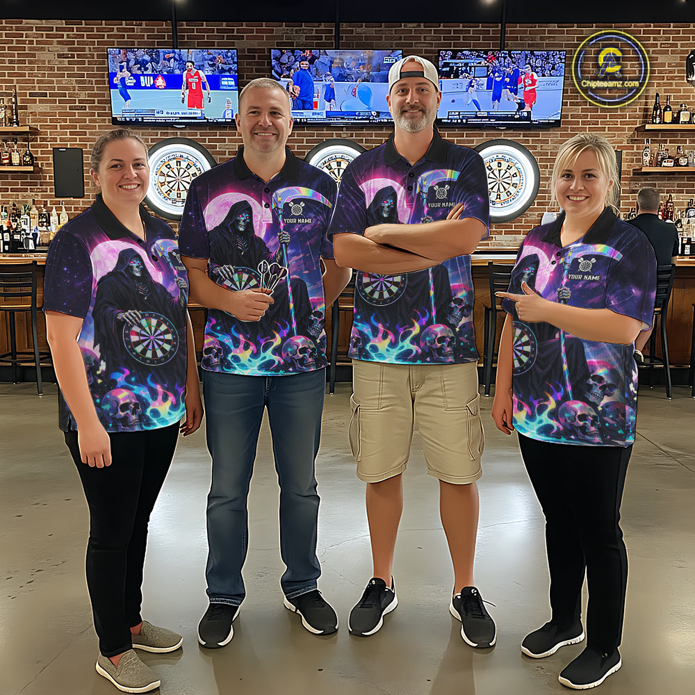 Galaxy Holographic Grim Reaper Dartboard Skull Dart Polo Shirts For Men Custom Name For Dart Players NYN2686