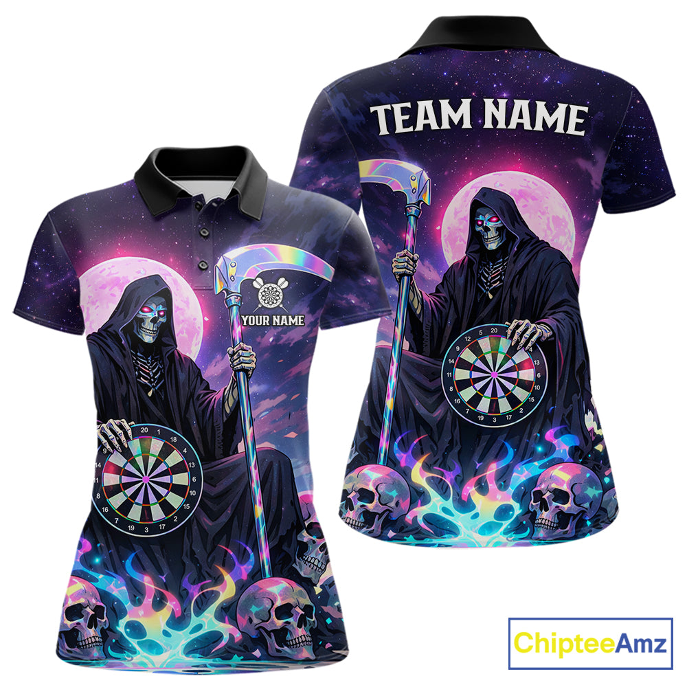 Galaxy Holographic Grim Reaper Dartboard Skull Dart Polo Shirts For Women Custom Name For Dart Players NYN2686